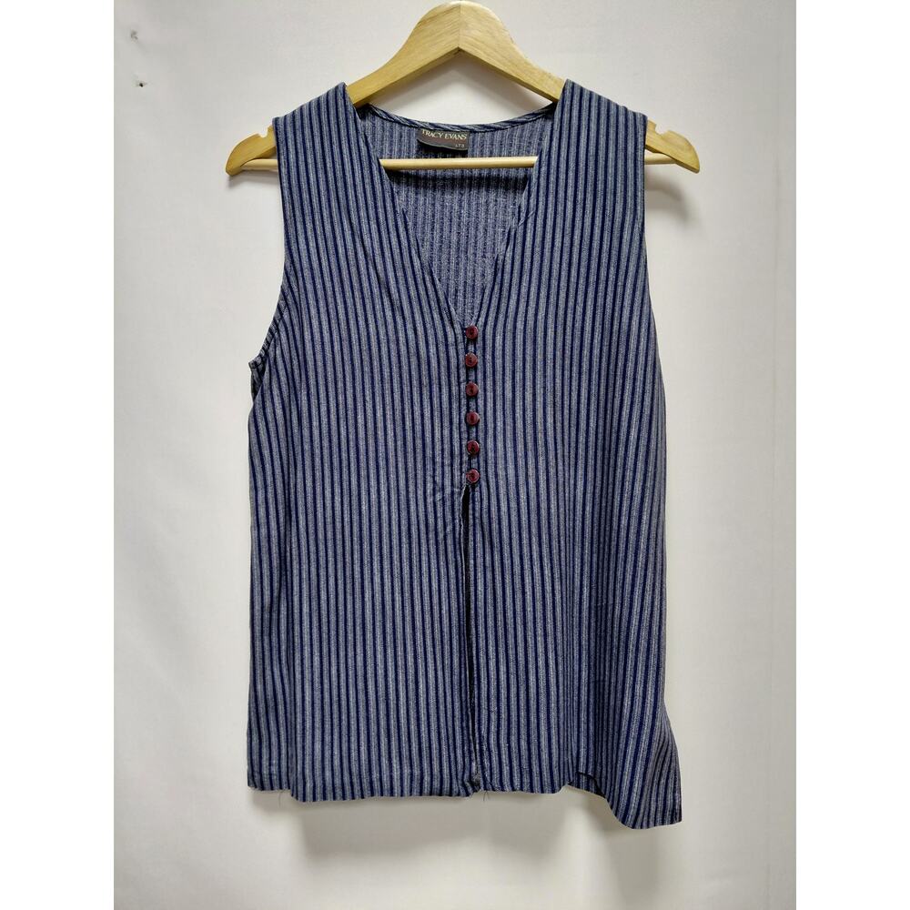 TRACY EVANS LTD Striped Sleeveless Top Blue V-Neck Knit Women Size M